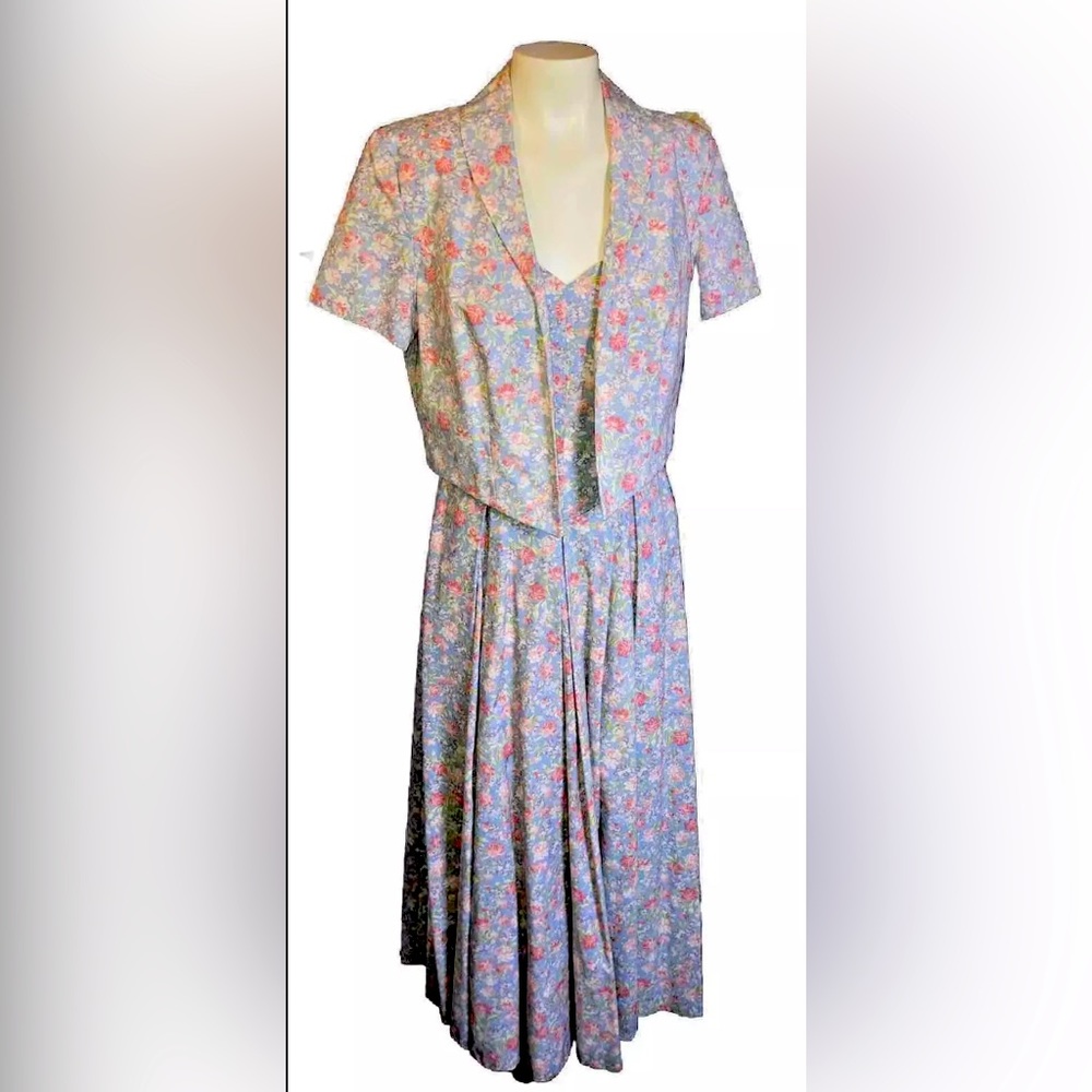 Vintage 1996 Laura Ashley Tea dress + bolero Floral Periwinkle blue sz 10 usa
